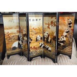 Vintage Chinese Lacquer 6 Panel Folding Mini Screen Panda Black Gold 9.5in x18.5